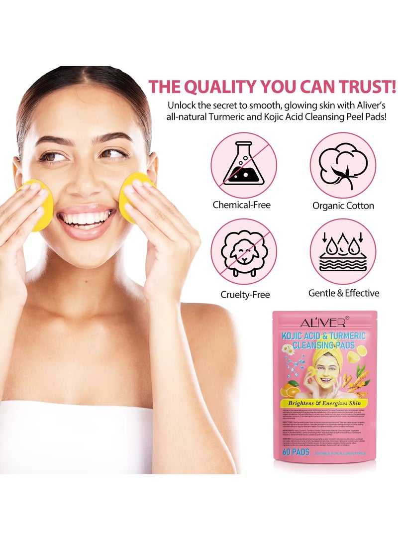 60Pcs Kojic Acid and Turmeric Cleansing Pads for Dark Spots Turmeric Kojic Acid Cleansing Pads Helps Balance Skin Oil and Water Fade Spot Remove Excess Keratin Clean Oil Refines Pores Turmeric Cleansing Pads