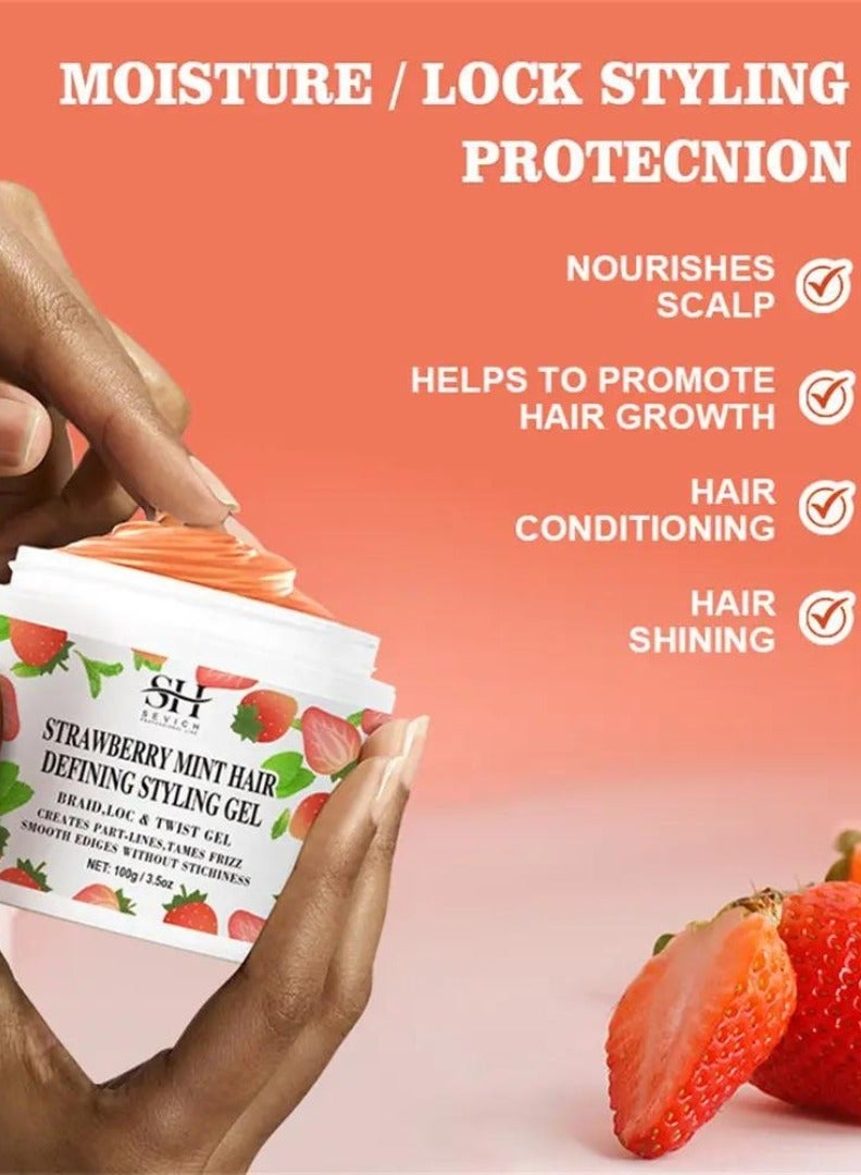 100g Strawberry Mint Hair Defining Styling Gel Braid Loc and Twist Gel Create Part Lines and Tames Frizz Moisturize Hydrate Hair and Nourish Scalp Promote Hair Growth with Batana Oil