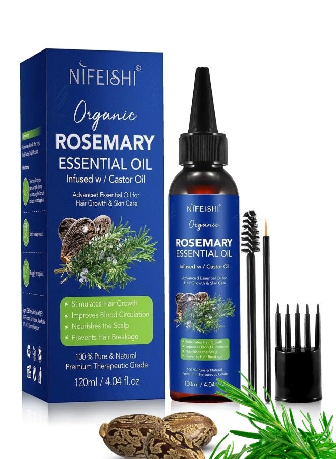 120ml Rosemary Essential Oil with Castor Oil for Hair Growth and Skin Care Improve Blood Circulation Nourish Scalp & Prevent Hair Breakage Pure Organic Rosemary Essential Oil Infused with Castor Oil