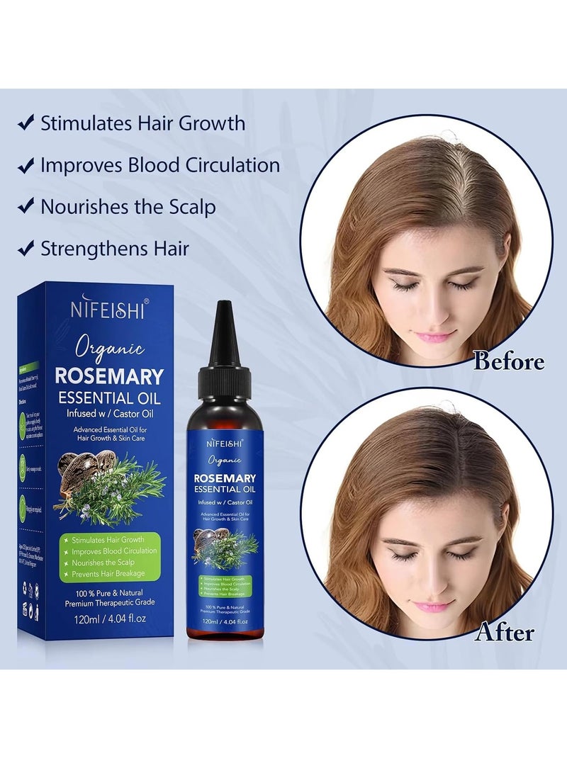 120ml Rosemary Essential Oil with Castor Oil for Hair Growth and Skin Care Improve Blood Circulation Nourish Scalp & Prevent Hair Breakage Pure Organic Rosemary Essential Oil Infused with Castor Oil