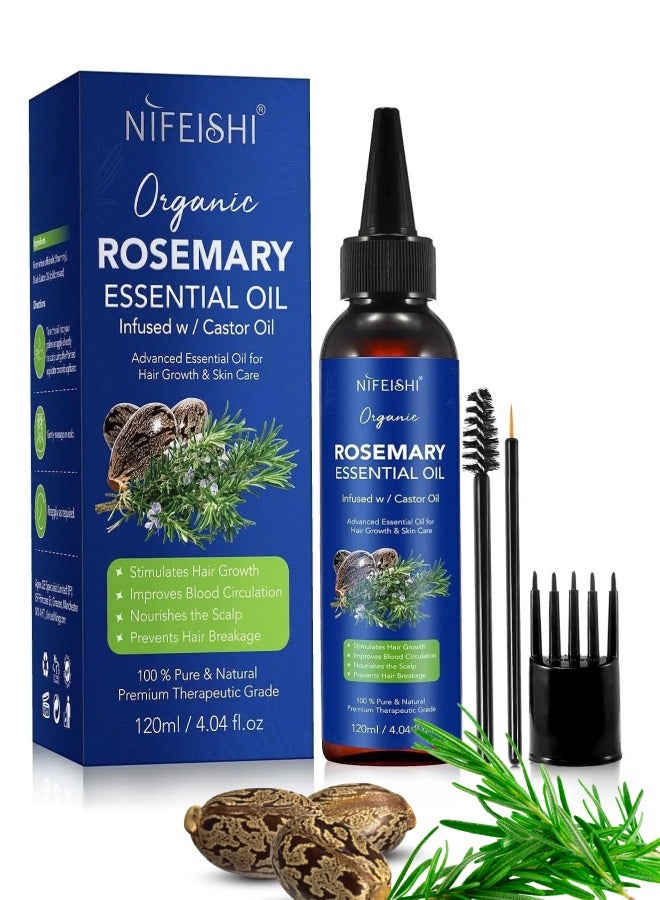 120ml Rosemary Essential Oil with Castor Oil for Hair Growth and Skin Care Improve Blood Circulation Nourish Scalp & Prevent Hair Breakage Pure Organic Rosemary Essential Oil Infused with Castor Oil