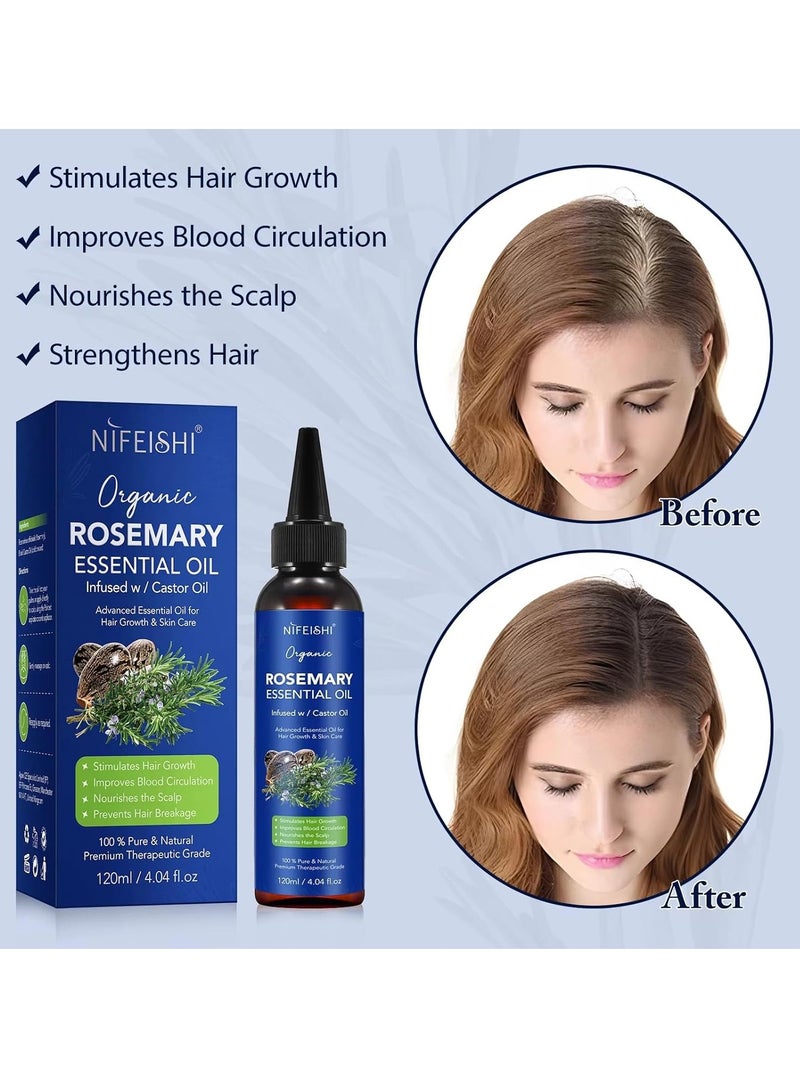 120ml Rosemary Essential Oil with Castor Oil for Hair Growth and Skin Care Improve Blood Circulation Nourish Scalp & Prevent Hair Breakage Pure Organic Rosemary Essential Oil Infused with Castor Oil