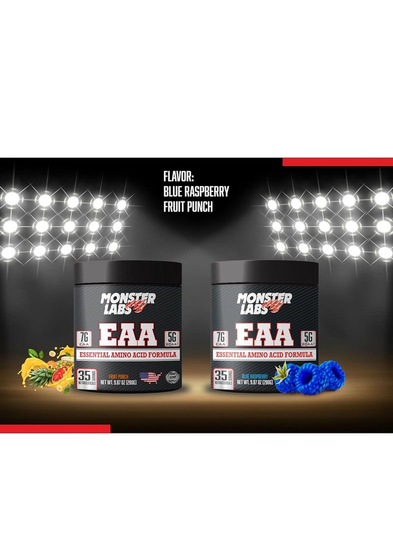 Monster Labs EAA 280g 35 Servings - Premium Amino Acid Supplement for Muscle Recovery and Hydration (Blue Raspberry)