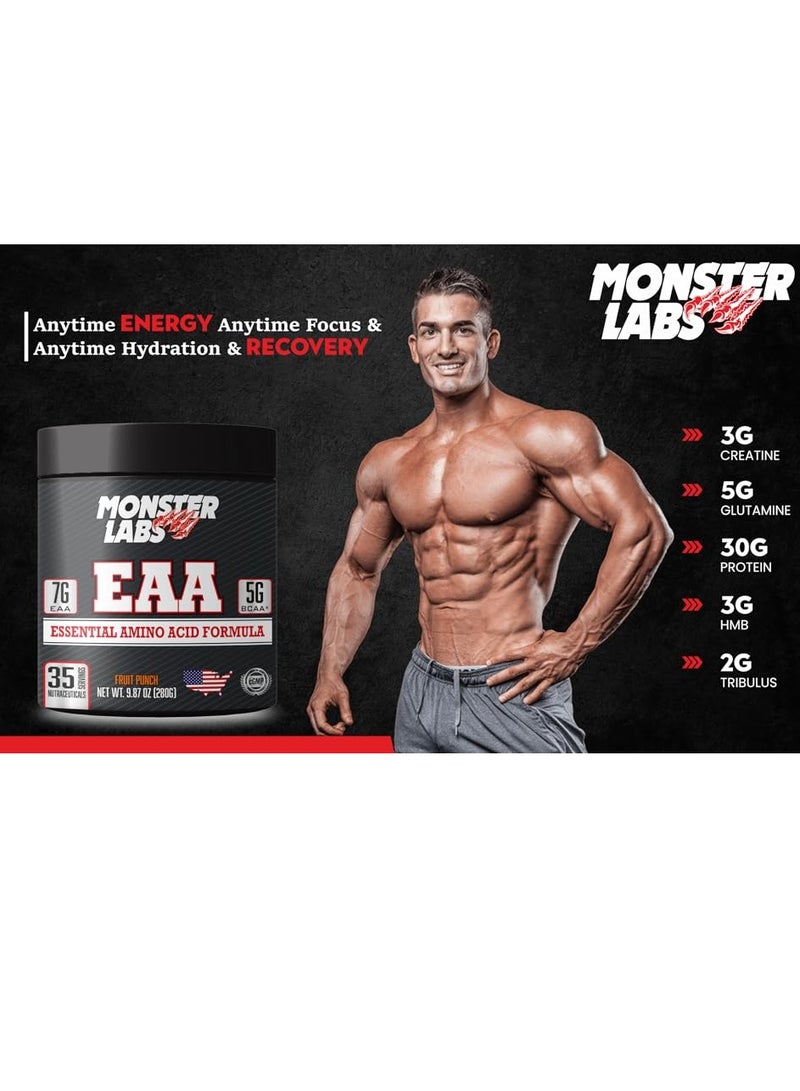 Monster Labs EAA 280g 35 Servings - Premium Amino Acid Supplement for Muscle Recovery and Hydration (Blue Raspberry)