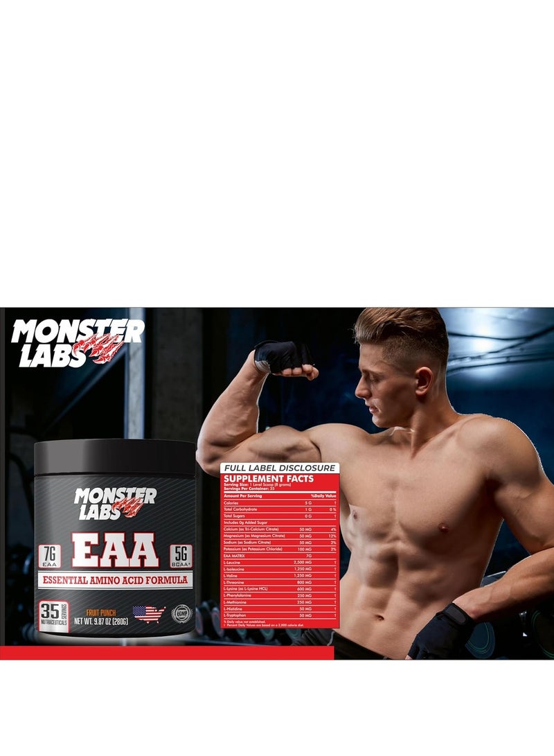 Monster Labs EAA 280g 35 Servings - Premium Amino Acid Supplement for Muscle Recovery and Hydration (Blue Raspberry)