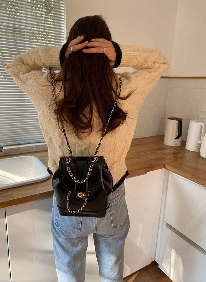 2024 New Arrival: Black Chanel-Inspired Mini Chain Backpack - Crafted in Wax Leather, Perfect for Everyday Elegance