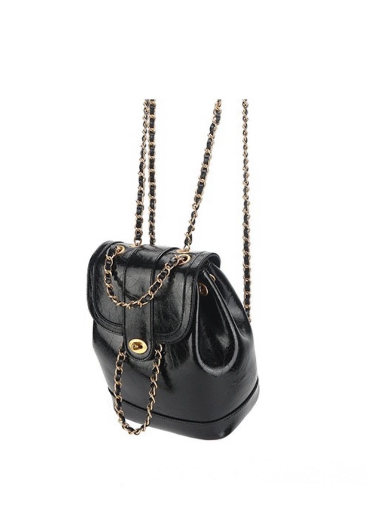 2024 New Arrival: Black Chanel-Inspired Mini Chain Backpack - Crafted in Wax Leather, Perfect for Everyday Elegance