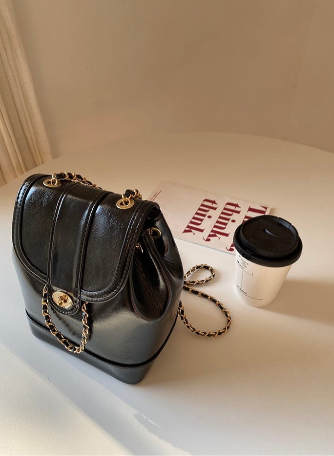 2024 New Arrival: Black Chanel-Inspired Mini Chain Backpack - Crafted in Wax Leather, Perfect for Everyday Elegance