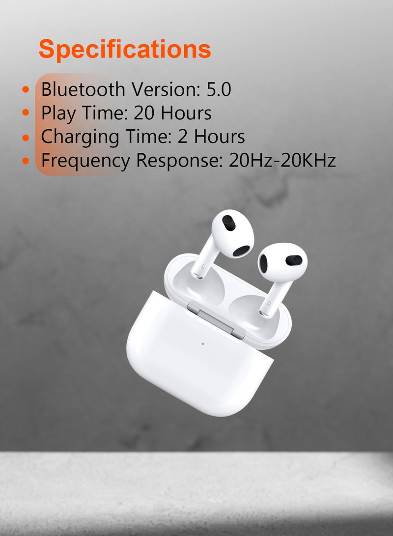 Deep Bass Wireless Earbuds 3, 20 H Total Working Time Independent Earbuds Wireless Charging with Touch Control Bluetooth 5.2 Connectivity - White