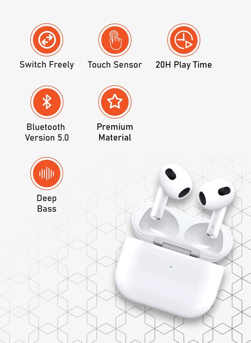 Deep Bass Wireless Earbuds 3, 20 H Total Working Time Independent Earbuds Wireless Charging with Touch Control Bluetooth 5.2 Connectivity - White