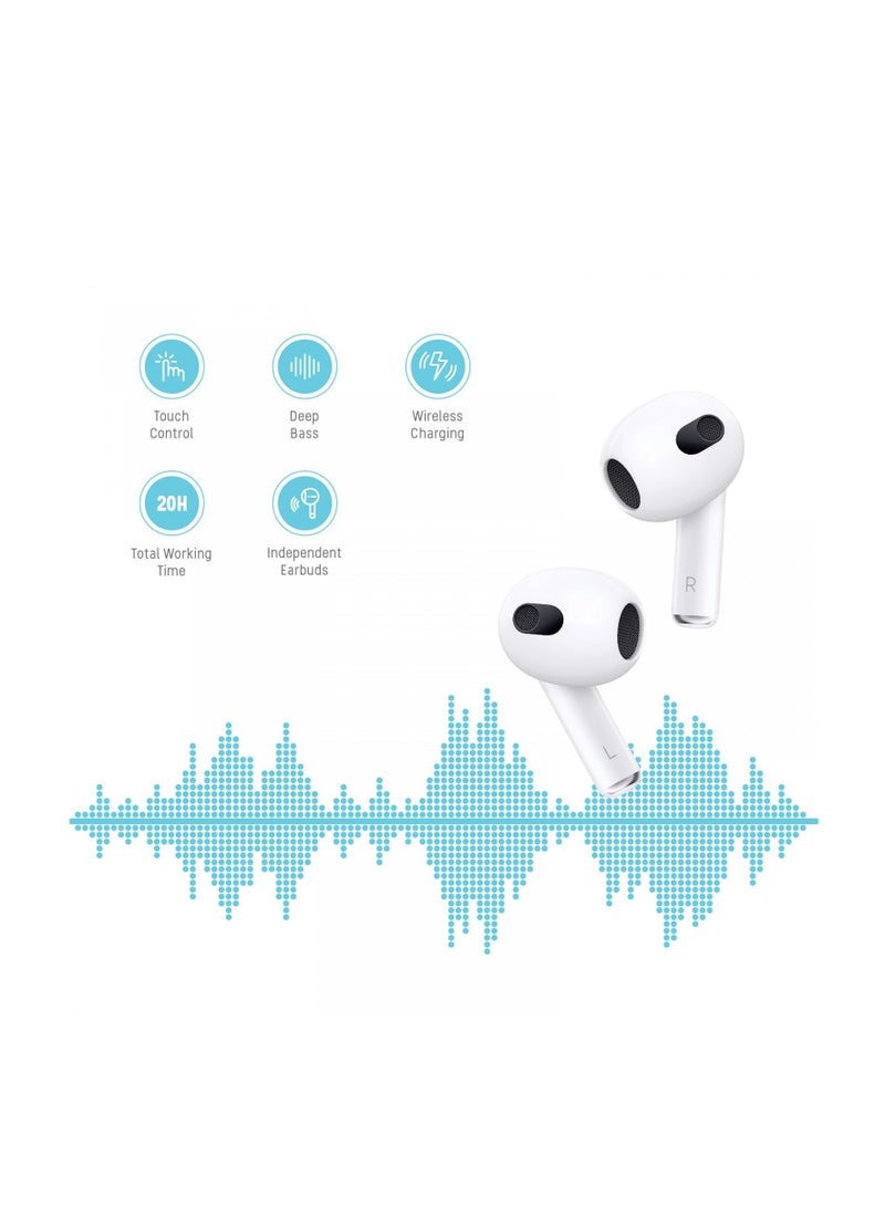 Deep Bass Wireless Earbuds 3, 20 H Total Working Time Independent Earbuds Wireless Charging with Touch Control Bluetooth 5.2 Connectivity - White