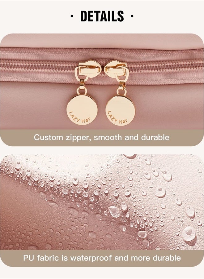 Travel Makeup Bag, Waterproof Cosmetic Bags for Women, Large Capacity PU Leather Make Up Organizer with Portable and Stylish (Pink)
