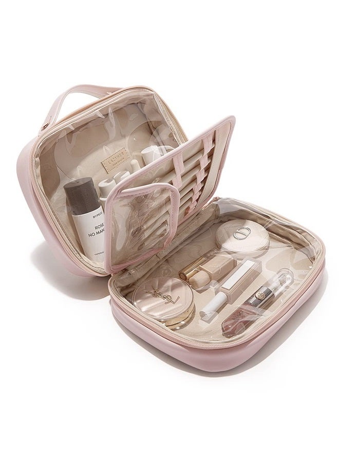 Travel Makeup Bag, Waterproof Cosmetic Bags for Women, Large Capacity PU Leather Make Up Organizer with Portable and Stylish (Pink)
