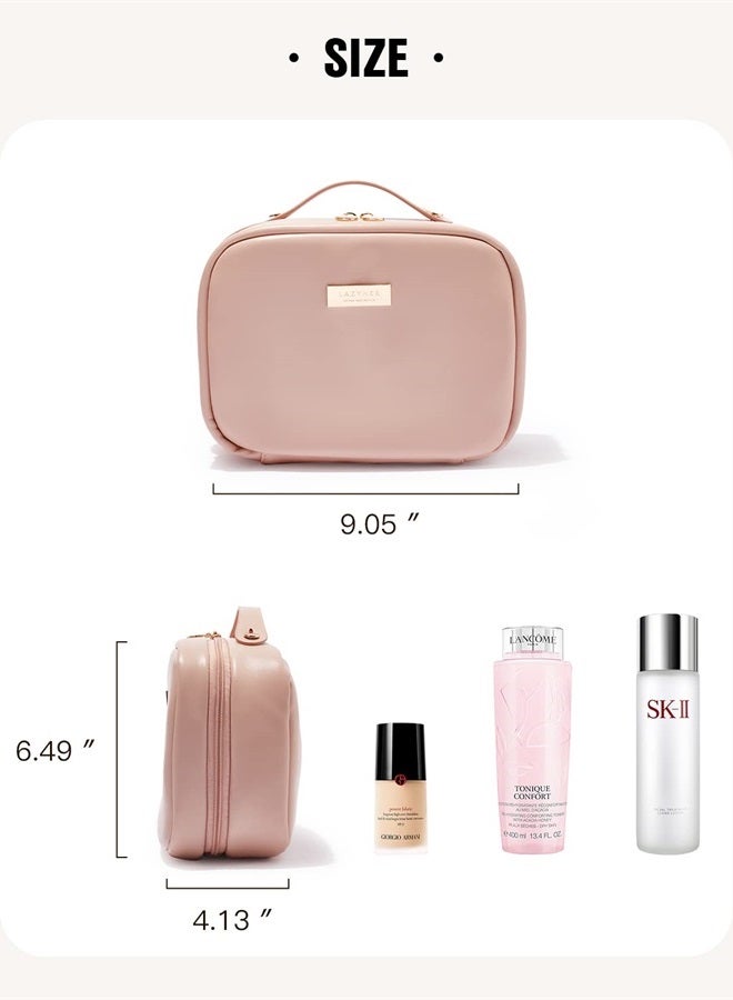 Travel Makeup Bag, Waterproof Cosmetic Bags for Women, Large Capacity PU Leather Make Up Organizer with Portable and Stylish (Pink)