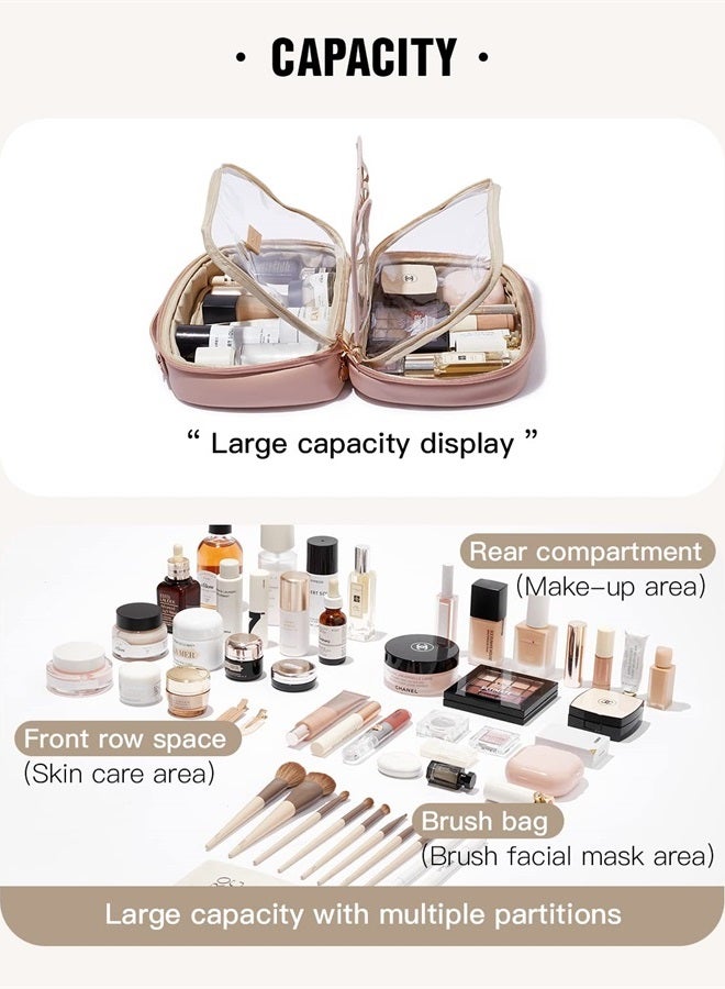Travel Makeup Bag, Waterproof Cosmetic Bags for Women, Large Capacity PU Leather Make Up Organizer with Portable and Stylish (Pink)