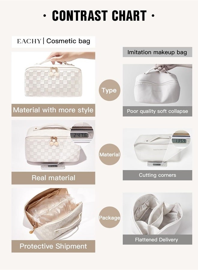Travel Makeup Bag,Large Capacity Cosmetic Bags for Women,Waterproof Portable Pouch Open Flat Toiletry Bag Make up Organizer with Divider and Handle (Plaid-White)