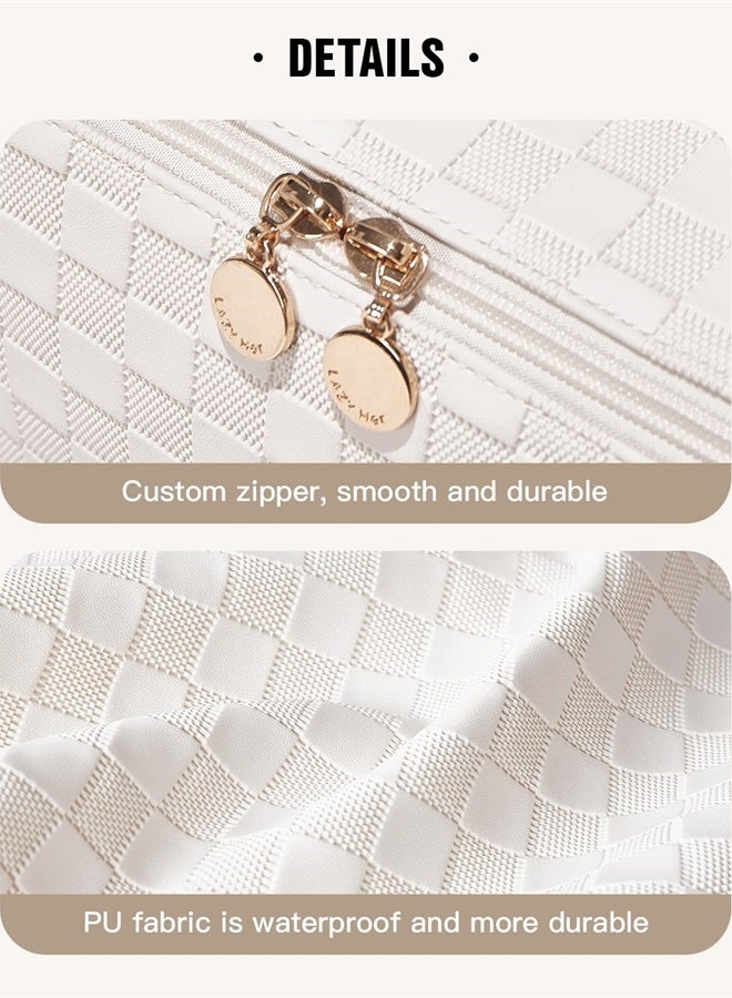 Travel Makeup Bag,Large Capacity Cosmetic Bags for Women,Waterproof Portable Pouch Open Flat Toiletry Bag Make up Organizer with Divider and Handle (Plaid-White)