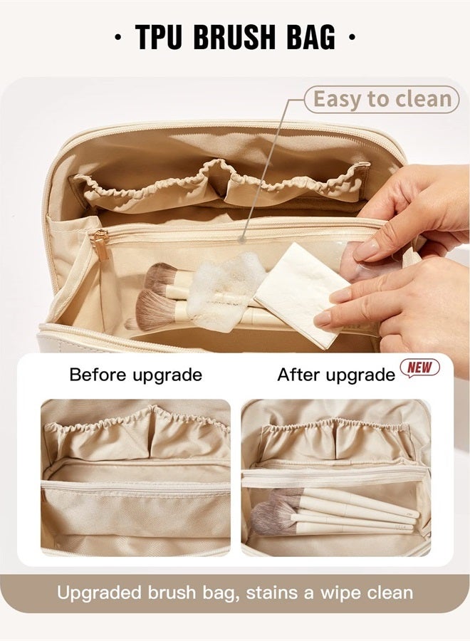 Travel Makeup Bag,Large Capacity Cosmetic Bags for Women,Waterproof Portable Pouch Open Flat Toiletry Bag Make up Organizer with Divider and Handle (Plaid-White)