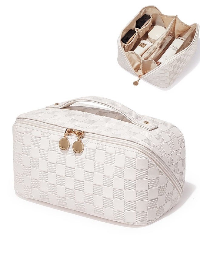 Travel Makeup Bag,Large Capacity Cosmetic Bags for Women,Waterproof Portable Pouch Open Flat Toiletry Bag Make up Organizer with Divider and Handle (Plaid-White)