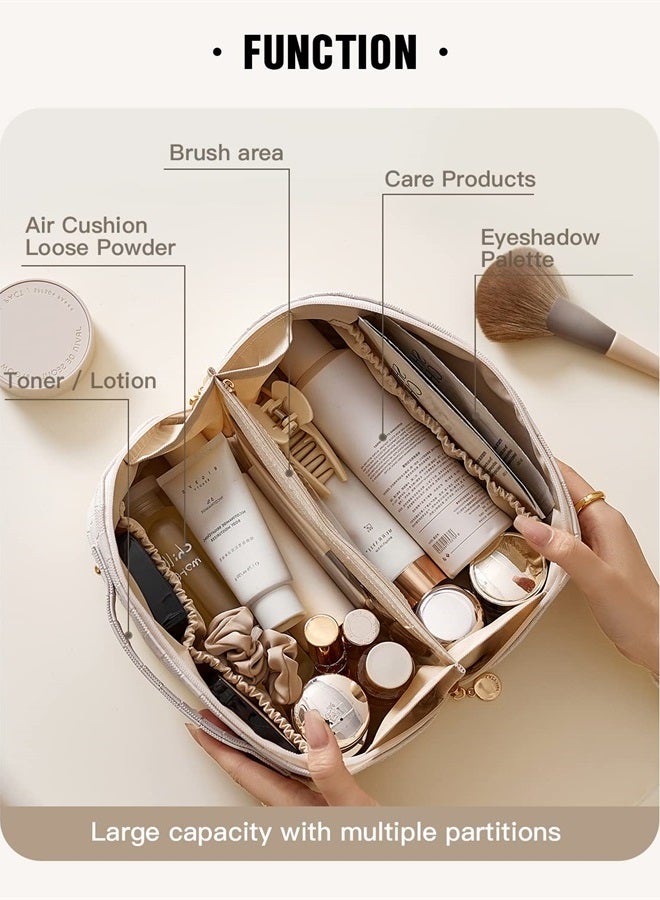 Travel Makeup Bag,Large Capacity Cosmetic Bags for Women,Waterproof Portable Pouch Open Flat Toiletry Bag Make up Organizer with Divider and Handle (Plaid-White)