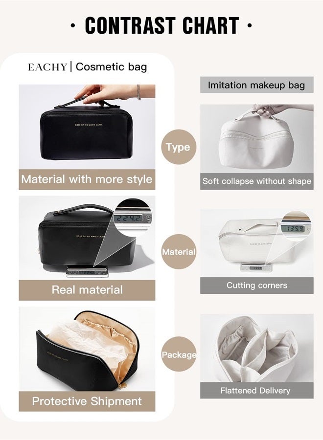Travel Makeup Bag,Large Capacity Cosmetic Bags for Women,Waterproof Portable Pouch Open Flat Toiletry Bag Make up Organizer with Divider and Handle (Black)