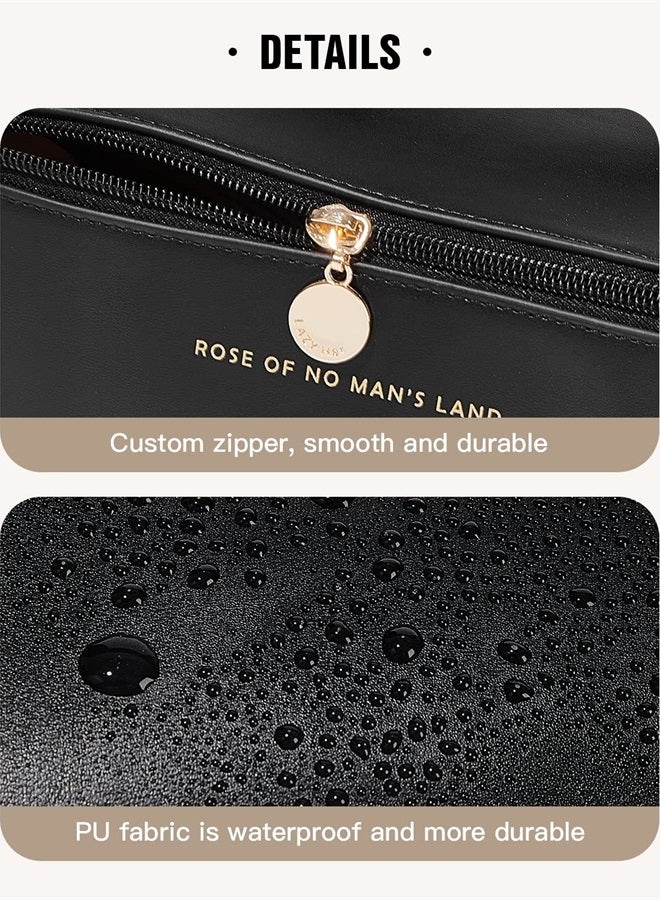 Travel Makeup Bag,Large Capacity Cosmetic Bags for Women,Waterproof Portable Pouch Open Flat Toiletry Bag Make up Organizer with Divider and Handle (Black)