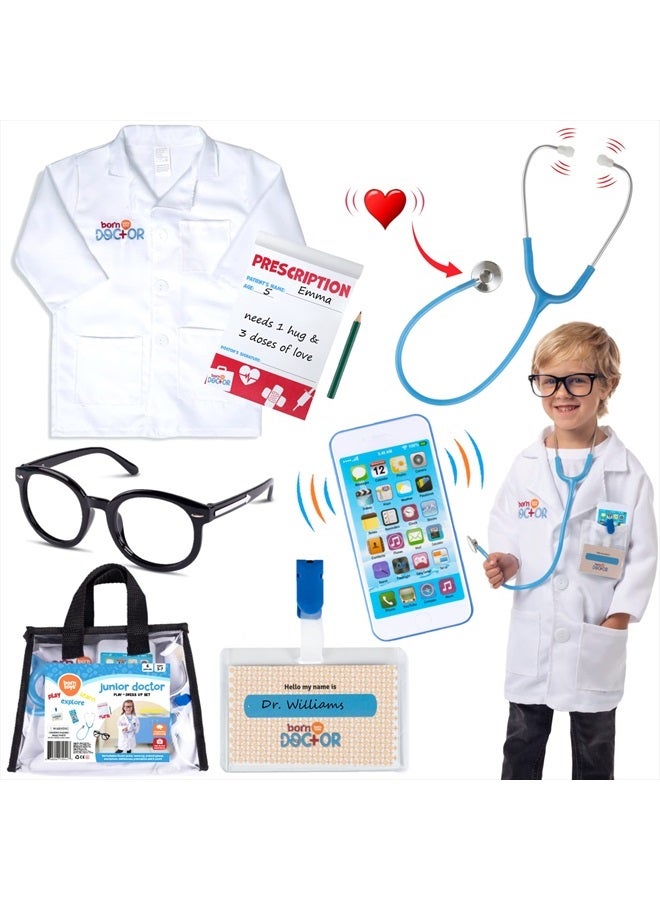 Doctor Kit for Kids for Kids Ages 3-7, Complete Kids Doctor Kit Includes Kids Doctor Coat, Real Stethoscope, Toy Phone, Eyeglasses, Prescription Pad & Pencil - Pretend Play Doctor Set