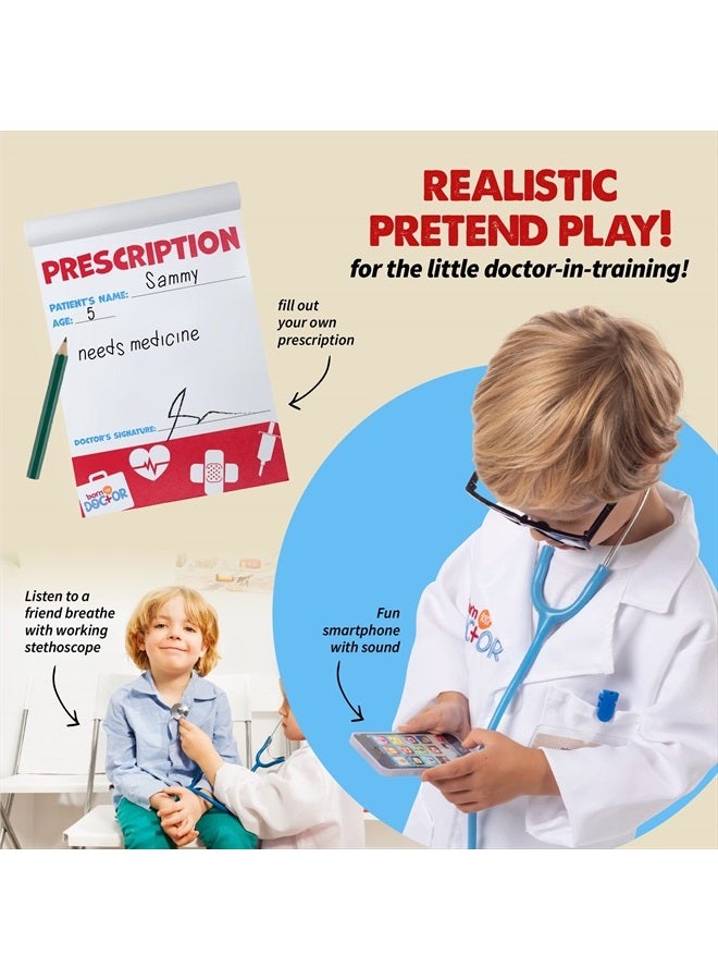 Doctor Kit for Kids for Kids Ages 3-7, Complete Kids Doctor Kit Includes Kids Doctor Coat, Real Stethoscope, Toy Phone, Eyeglasses, Prescription Pad & Pencil - Pretend Play Doctor Set