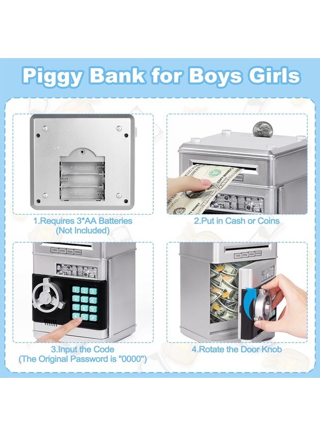 Kids Piggy Bank,Kids Safe Piggy Bank for Girls Money Saving Box Kids Toys Password Cash Coin Can ATM Bank for Children Great Christmas Birthday Gift Toy for Kids Silver