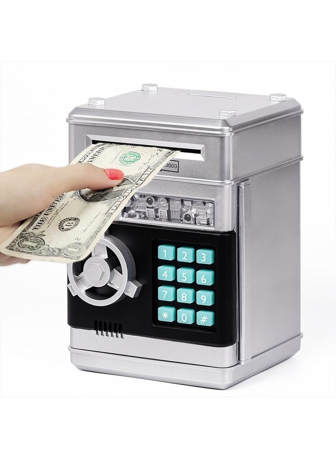 Kids Piggy Bank,Kids Safe Piggy Bank for Girls Money Saving Box Kids Toys Password Cash Coin Can ATM Bank for Children Great Christmas Birthday Gift Toy for Kids Silver