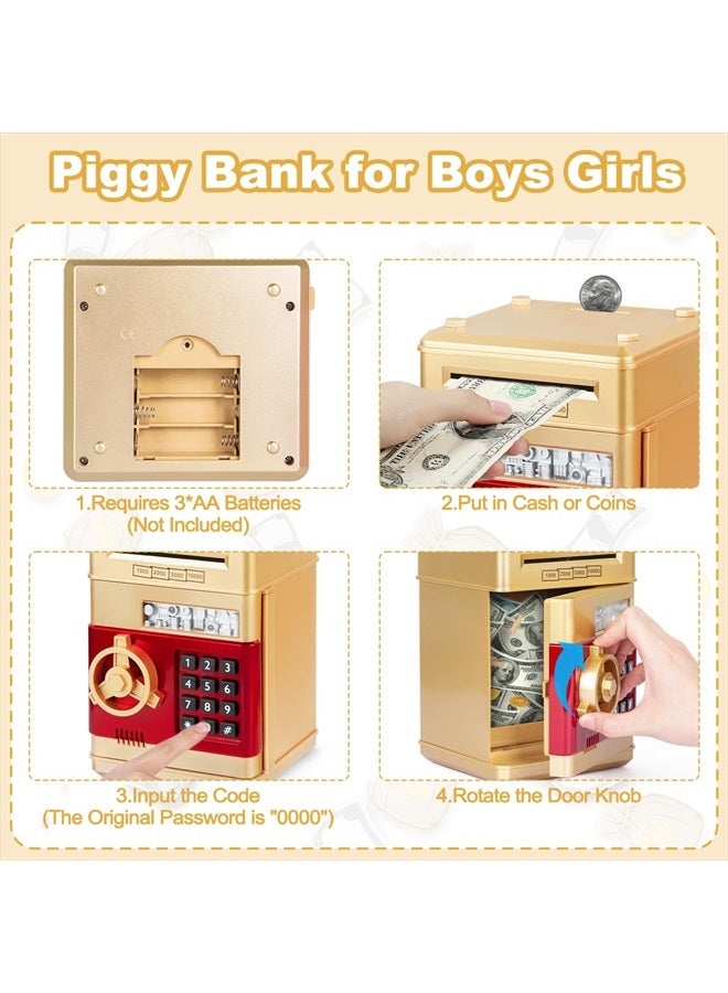 Money Bank for Kids,Electronic Piggy Bank Money Coin Banks for Children Best Toys Gifts for Boys Girls Mini ATM Kid Bank Password Money Saving Box Coin Can for Kid(Gold)