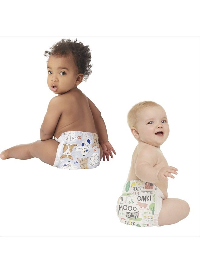 Clean Conscious Diapers | Plant-Based, Sustainable | Barnyard Babies + It's A Pawty | Super Club Box, Size 7 (41+ lbs), 64 Count