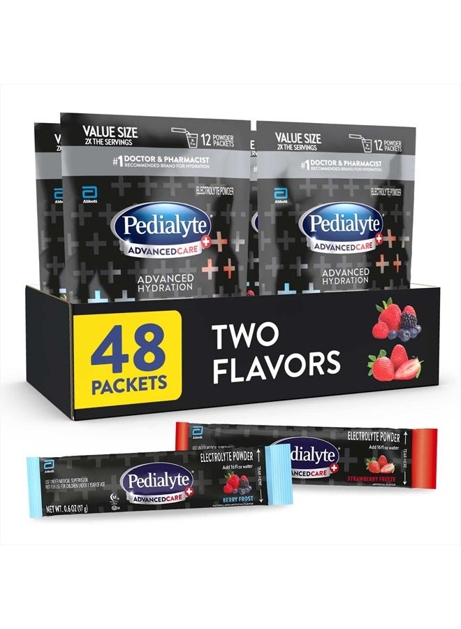 Pedialyte AdvancedCare Plus Electrolyte Powder, Strawberry Freeze And Berry Frost, With 33% More Electrolytes and Has PreActiv Prebiotics, 0.6 Oz Powder Packs (48 Count)