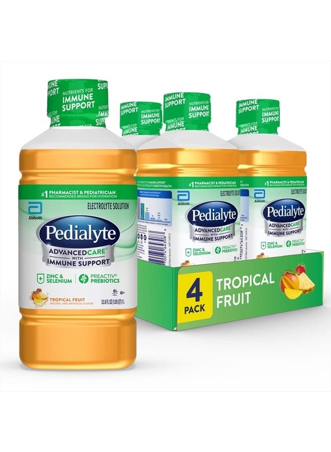 Pedialyte AdvancedCare Electrolyte Solution,1 Liter, 4 Count, with PreActiv Prebiotics, Hydration Drink, Tropical Fruit