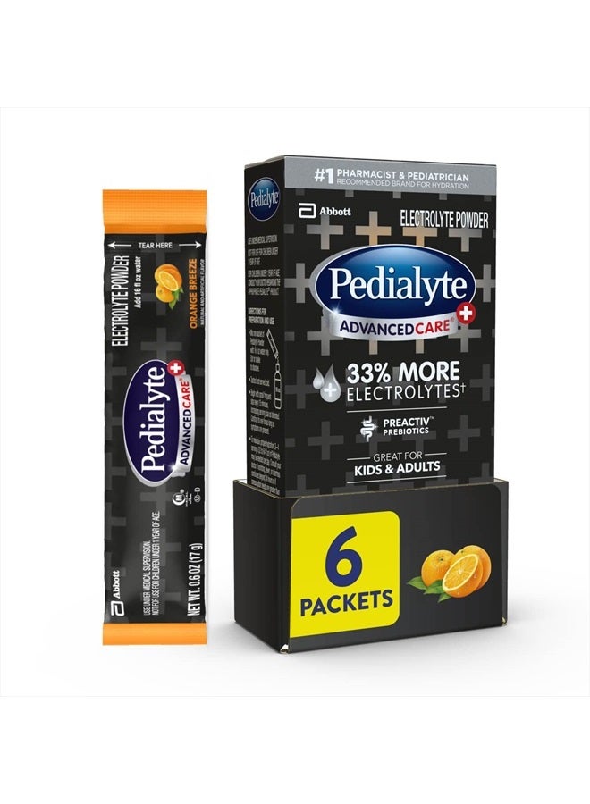 Pedialyte AdvancedCare Plus Electrolyte Powder, with 33% More Electrolytes and PreActiv Prebiotics, Orange Breeze, Electrolyte Drink Powder Packets, 0.6 oz, 6 Count