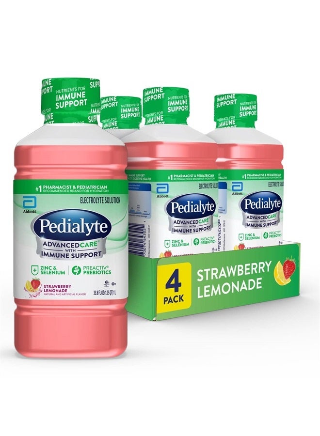 Pedialyte AdvancedCare Electrolyte Solution with PreActiv Prebiotics, Hydration Drink, Strawberry Lemonade, 1 Liter, 4 Count