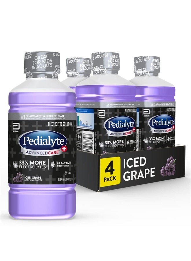 Pedialyte AdvancedCare Pedialyte AdvancedCare Plus Electrolyte Drink with 33% More Electrolytes and Has PreActiv Prebiotics, Iced Grape, 1 Liter, 4 Count