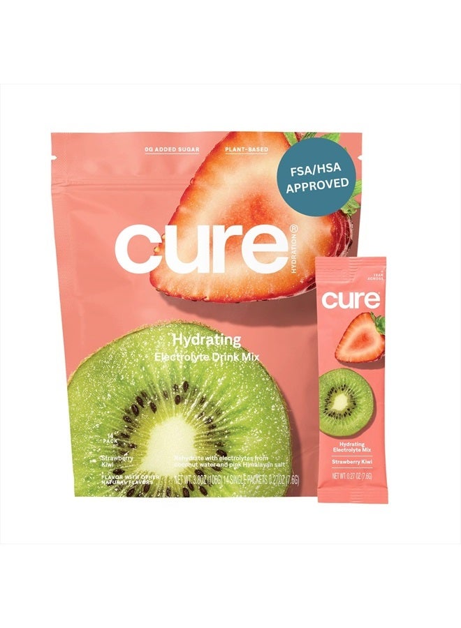 Cure Hydrating Electrolyte Mix | Electrolyte Powder for Dehydration Relief | Made with Coconut Water | No Added Sugar | Vegan | Paleo Friendly | Pouch of 14 Packets - Strawberry Kiwi