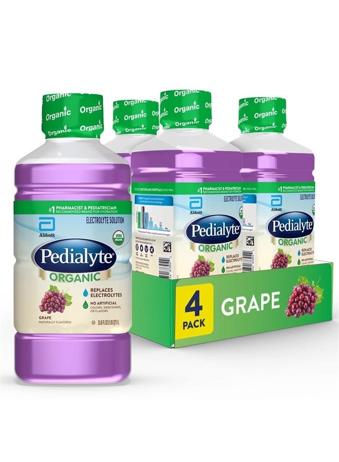 Pedialyte Organic Electrolyte Drink, Advanced Hydration for Kids & Adults, With Zinc for Immune Support, Grape, 1 Liter 33.8 Fl Oz (Pack of 4)