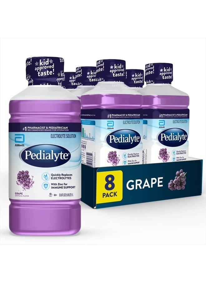 Pedialyte Electrolyte Solution, Grape, Hydration Drink, 8 bottles, 1 liter each