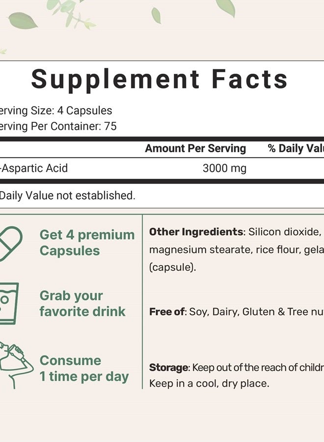 D Aspartic Acid Pills, DAA Supplement, 3000mg Per Serving, 300 Capsules, Premium D Aspartic Acid, Non-GMO