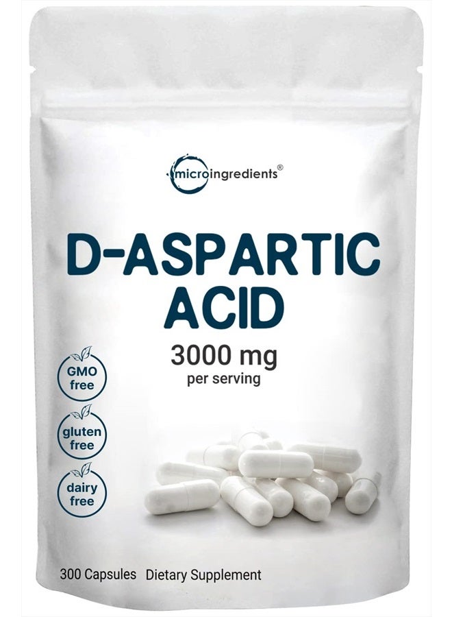 D Aspartic Acid Pills, DAA Supplement, 3000mg Per Serving, 300 Capsules, Premium D Aspartic Acid, Non-GMO