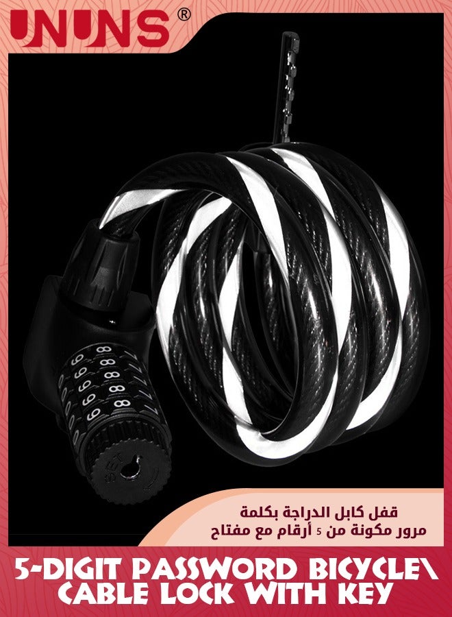 Bike Lock Reflective Chain Locks,Anti Theft Bicycle Cable Lock,5-Digit Resettable Combination Password With 2 Key,Security Chain Lock,Double Protection Motorbike Lock,Coiling Cable Lock,Black-120cm