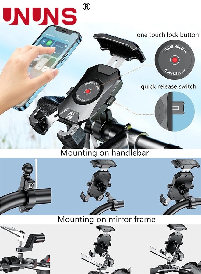 Motorcycle Phone Mount,Bike Phone Mount,Aluminum Alloy Mounting Base Handlebar Cell Phone Holder For Bicycle Motorcycle E-Bike ATV Scooter Fit 4''-7'' Phones,One Hand Operation,Universal Phone Stand