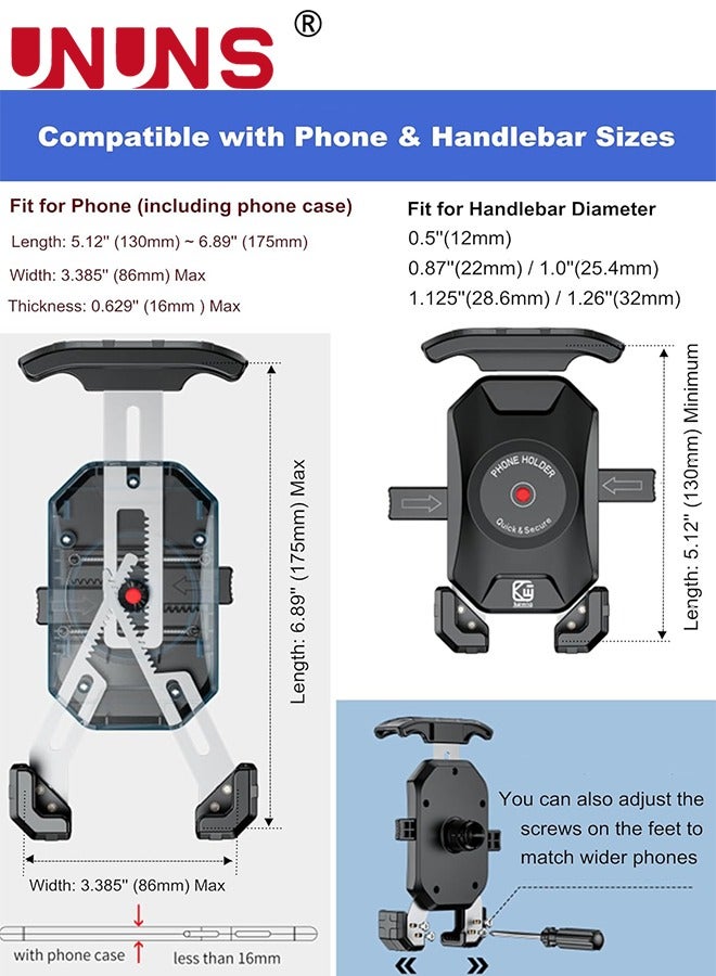 Motorcycle Phone Mount,Bike Phone Mount,Aluminum Alloy Mounting Base Handlebar Cell Phone Holder For Bicycle Motorcycle E-Bike ATV Scooter Fit 4''-7'' Phones,One Hand Operation,Universal Phone Stand