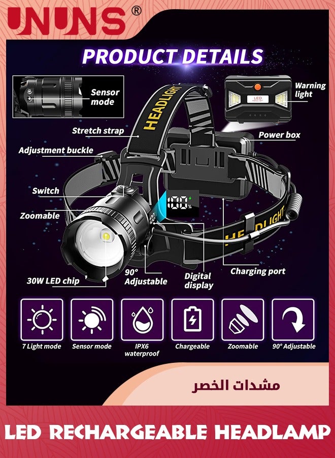Headlamp Rechargeable,160000LM Super Bright Headlamp With Motion Sensor,Waterproof Head Light,Energy Saving,Digital Display,90° Adjustable Hands-Free Headlight For Camping Hiking Hunting Fishing