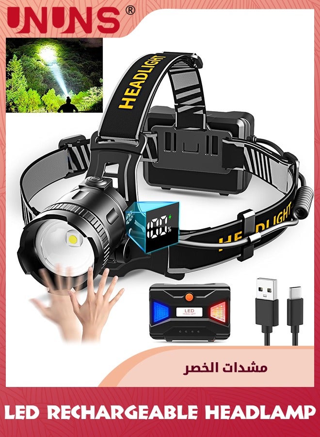 Headlamp Rechargeable,160000LM Super Bright Headlamp With Motion Sensor,Waterproof Head Light,Energy Saving,Digital Display,90° Adjustable Hands-Free Headlight For Camping Hiking Hunting Fishing