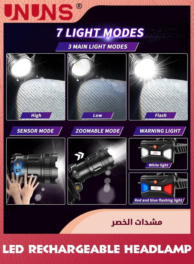Headlamp Rechargeable,160000LM Super Bright Headlamp With Motion Sensor,Waterproof Head Light,Energy Saving,Digital Display,90° Adjustable Hands-Free Headlight For Camping Hiking Hunting Fishing