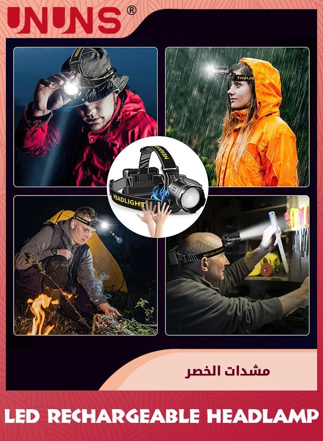 Headlamp Rechargeable,160000LM Super Bright Headlamp With Motion Sensor,Waterproof Head Light,Energy Saving,Digital Display,90° Adjustable Hands-Free Headlight For Camping Hiking Hunting Fishing