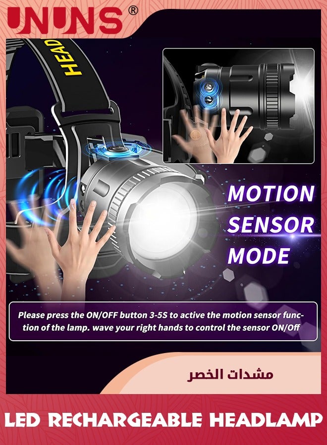Headlamp Rechargeable,160000LM Super Bright Headlamp With Motion Sensor,Waterproof Head Light,Energy Saving,Digital Display,90° Adjustable Hands-Free Headlight For Camping Hiking Hunting Fishing